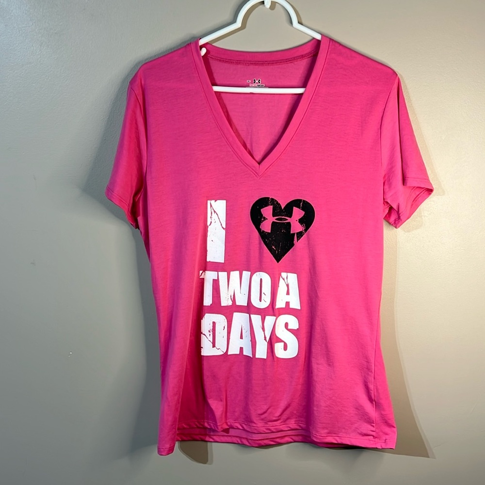 Under Armour I Heart Two A Days Pink V-neck Tee